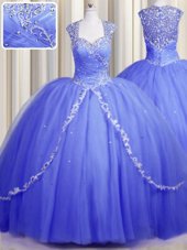 Affordable Zipper Up Cap Sleeves With Train Beading and Appliques Zipper Quinceanera Gown with Blue Brush Train