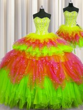 Artistic Three Piece Visible Boning Sleeveless Floor Length Beading Lace Up 15 Quinceanera Dress with Multi-color