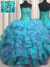 Noble Purple Ball Gowns Organza Strapless Sleeveless Appliques and Ruffles and Ruffled Layers Floor Length Lace Up Vestidos de Quinceanera