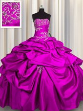 Romantic Floor Length Lace Up Ball Gown Prom Dress Fuchsia and In for Military Ball and Sweet 16 and Quinceanera with Appliques and Pick Ups