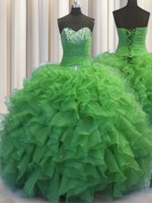 Suitable Beaded Bust Green Sweetheart Neckline Beading and Ruffles Quinceanera Gowns Sleeveless Lace Up