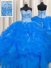 Custom Design Visible Boning Beaded Bodice Blue Sweet 16 Dresses Military Ball and Sweet 16 and Quinceanera and For with Beading and Ruffles Sweetheart Sleeveless Lace Up