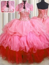 Visible Boning Bling-bling Ball Gowns Sweet 16 Dress Rose Pink Sweetheart Organza Sleeveless Floor Length Lace Up