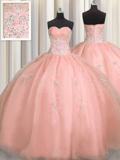 Two Tone Visible Boning Organza Sleeveless Floor Length Quinceanera Gown and Beading and Ruffles