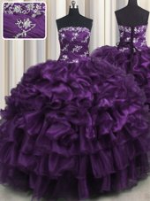 Floor Length Lace Up Sweet 16 Dresses Purple and In for Military Ball and Sweet 16 and Quinceanera with Appliques and Ruffles and Ruffled Layers