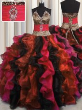 Beautiful Leopard Multi-color V-neck Neckline Beading and Ruffles Quinceanera Dress Sleeveless Lace Up