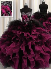 Beading and Ruffles Quince Ball Gowns Red And Black Lace Up Sleeveless Floor Length