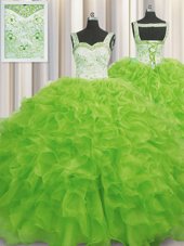 Yellow Green Ball Gowns Organza Straps Sleeveless Beading and Ruffles Floor Length Lace Up Quince Ball Gowns