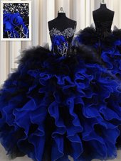 Blue And Black Ball Gowns Organza and Tulle Sweetheart Sleeveless Beading and Ruffles Floor Length Lace Up Quince Ball Gowns