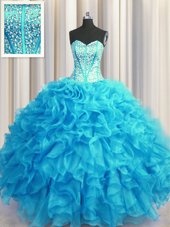Visible Boning Bling-bling Baby Blue Ball Gowns Organza Sweetheart Sleeveless Beading and Ruffles Floor Length Lace Up Quinceanera Dress