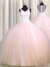 Fashion See Through Back Zipple Up Baby Pink and Peach Sleeveless Brush Train Beading and Appliques Sweet 16 Dress