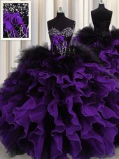Fancy Black And Purple Lace Up Sweetheart Beading and Ruffles Sweet 16 Dress Organza and Tulle Sleeveless