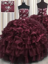 Wine Red Strapless Lace Up Appliques and Ruffles and Ruffled Layers 15th Birthday Dress Sleeveless