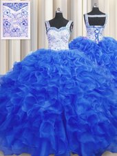 Fantastic Beading Sweet 16 Dress Royal Blue Lace Up Sleeveless Floor Length