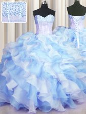 Inexpensive Two Tone Visible Boning Blue And White Ball Gowns Sweetheart Sleeveless Organza Floor Length Lace Up Beading and Ruffles 15th Birthday Dress