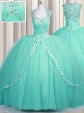Zipper Tulle Cap Sleeves Quinceanera Dresses Brush Train and Beading and Appliques