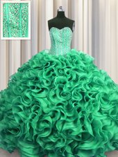 Visible Boning Turquoise Lace Up Sweetheart Beading and Ruffles Quinceanera Gowns Organza Sleeveless