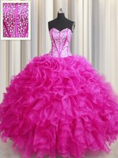 Suitable Visible Boning Bling-bling Organza Sweetheart Sleeveless Lace Up Beading and Ruffles Sweet 16 Dresses in Hot Pink