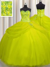 Inexpensive Really Puffy Yellow Green Sleeveless Tulle Lace Up Ball Gown Prom Dress for Military Ball and Sweet 16 and Quinceanera