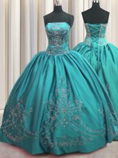 Teal Ball Gowns Strapless Sleeveless Taffeta Floor Length Lace Up Beading and Embroidery Sweet 16 Quinceanera Dress