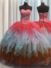 Admirable Visible Boning Multi-color Tulle Lace Up Quinceanera Dresses Sleeveless Floor Length Beading and Ruffles and Sequins