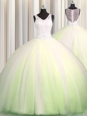 New Arrival Zipple Up Big Puffy Yellow Green Tulle Zipper Vestidos de Quinceanera Sleeveless Brush Train Beading and Appliques