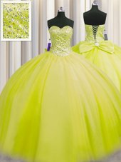 Edgy Really Puffy Yellow Green Sleeveless Tulle Lace Up Quinceanera Gown for Military Ball and Sweet 16 and Quinceanera