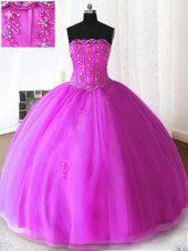 Fuchsia Strapless Lace Up Beading and Appliques Sweet 16 Quinceanera Dress Sleeveless