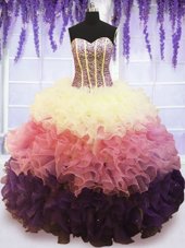 Vintage Multi-color Ball Gowns Organza Sweetheart Sleeveless Beading and Ruffles and Ruffled Layers Floor Length Lace Up 15th Birthday Dress