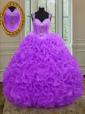 Traditional Purple Quince Ball Gowns Military Ball and Sweet 16 and Quinceanera and For with Beading and Ruffles Straps Sleeveless Zipper