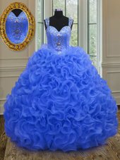 Straps Straps Royal Blue Sleeveless Organza Zipper Sweet 16 Dresses for Military Ball and Sweet 16 and Quinceanera