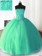 Turquoise Tulle Lace Up Quinceanera Dresses Sleeveless Floor Length Beading and Appliques
