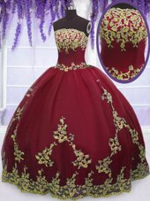 Delicate Red Strapless Zipper Appliques Quinceanera Gown Sleeveless