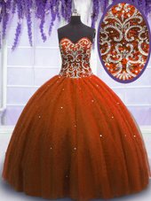 Rust Red Ball Gowns Tulle Sweetheart Sleeveless Beading Floor Length Lace Up Vestidos de Quinceanera