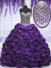 Fashionable Eggplant Purple Ball Gowns Beading and Sequins and Pick Ups Quinceanera Gowns Lace Up Taffeta Sleeveless Floor Length
