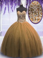 Sweetheart Sleeveless Quince Ball Gowns Floor Length Beading Brown Tulle