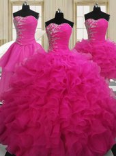 Four Piece Sweetheart Sleeveless Zipper Ball Gown Prom Dress Hot Pink Organza