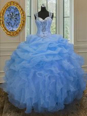 Straps Straps Floor Length Zipper Sweet 16 Dress Blue and In for Military Ball and Sweet 16 and Quinceanera with Beading and Ruffles