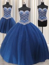 Three Piece Sequins Floor Length Ball Gowns Sleeveless Blue Quinceanera Gowns Lace Up