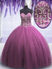 Lilac Lace Up Quinceanera Gowns Beading Sleeveless Floor Length