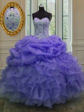 Fantastic Lavender Sleeveless Floor Length Beading and Ruffles and Pick Ups Lace Up Quinceanera Gown