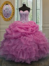 Rose Pink Lace Up Quinceanera Gowns Beading and Ruffles and Pick Ups Sleeveless Floor Length