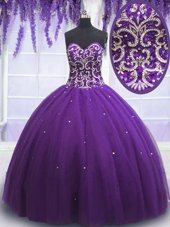 Eggplant Purple Tulle Lace Up Sweetheart Sleeveless Floor Length Ball Gown Prom Dress Beading