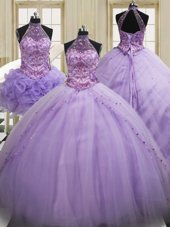 Sumptuous Three Piece Halter Top Lavender Lace Up Sweet 16 Dresses Sequins Sleeveless Brush Train