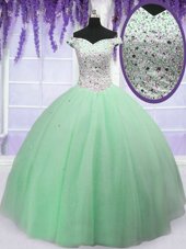 Apple Green Ball Gowns Off The Shoulder Sleeveless Tulle Floor Length Lace Up Beading 15th Birthday Dress