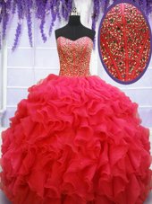 Edgy Sleeveless Organza Floor Length Lace Up Quince Ball Gowns in Coral Red for with Beading and Ruffles