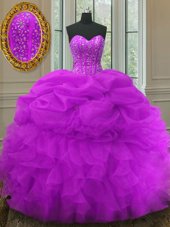 Fuchsia Organza Lace Up Quince Ball Gowns Sleeveless Floor Length Beading and Ruffles and Pick Ups