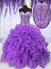 Eye-catching Organza Sweetheart Sleeveless Lace Up Beading and Ruffles Sweet 16 Dress in Purple
