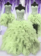 Four Piece Floor Length Lace Up Quinceanera Dress Yellow Green and In for Military Ball and Sweet 16 and Quinceanera with Ruffles and Sequins