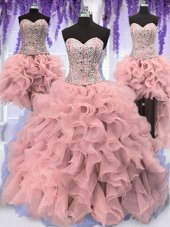 Enchanting Four Piece Floor Length Lace Up Quinceanera Gowns Pink and In for Military Ball and Sweet 16 and Quinceanera with Ruffles and Sequins